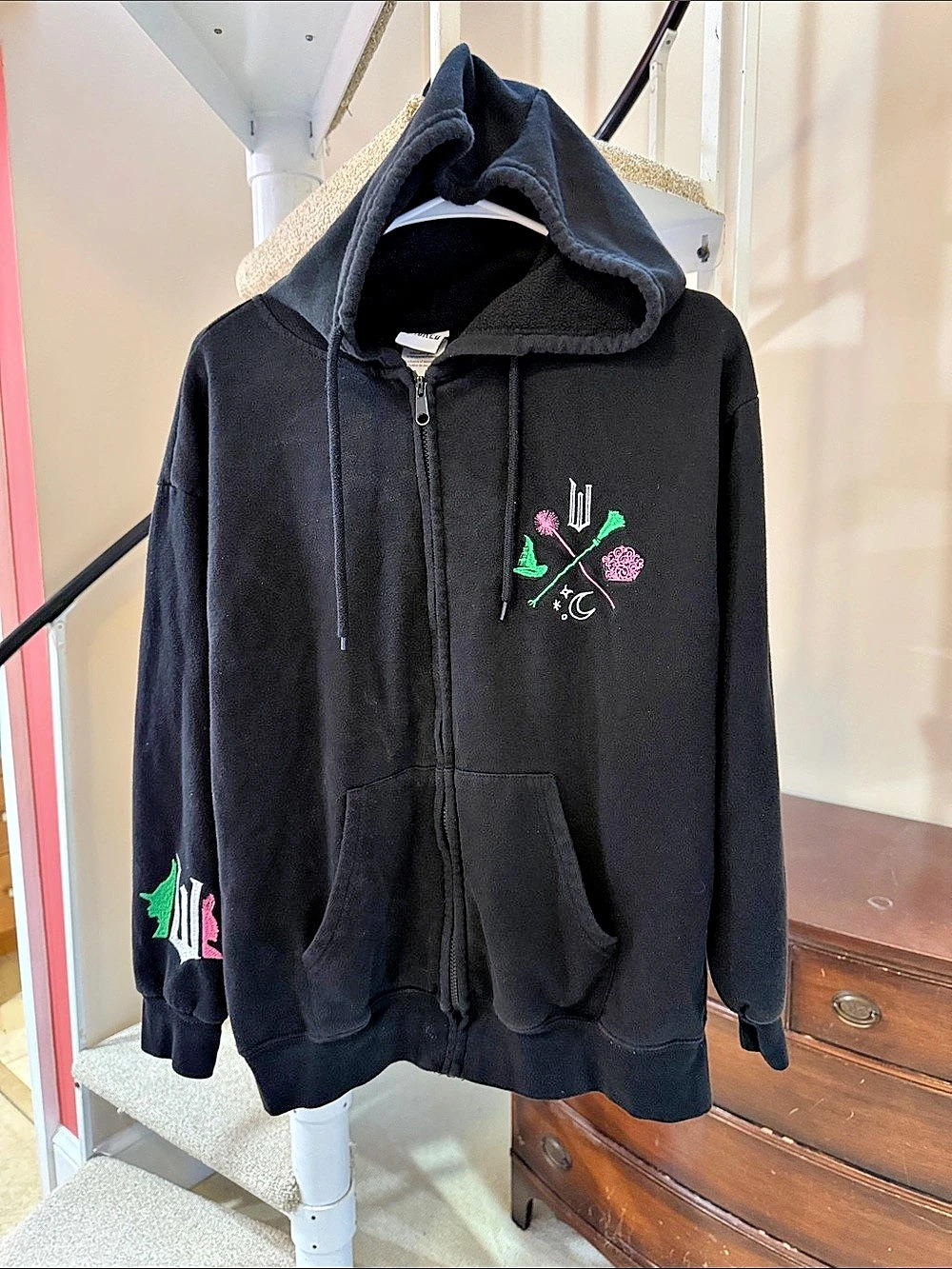 Wicked Movie Embroidered Icons Zip-Up Hoodie Black & Green Large